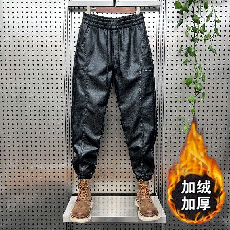 外卖骑手保暖防风加绒皮裤男士秋冬季新款2026潮牌束脚骑行休闲裤