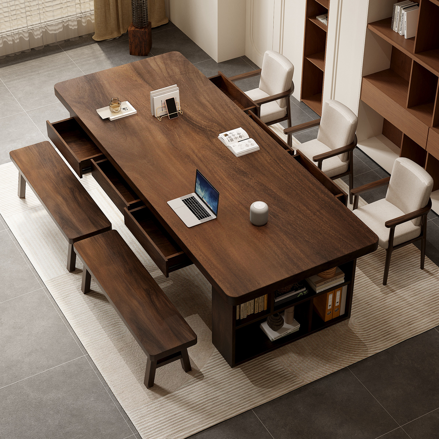 黑胡桃木带抽屉书桌大板长书桌