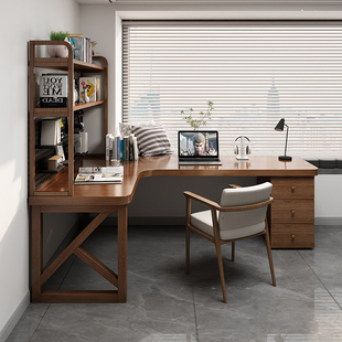 转角书架书桌组合定制家用实木书桌书柜一体简约拐角工作台学习桌