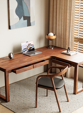 胡桃木转角书桌带抽屉简约靠墙实木学习桌子家用双人长条桌工作台