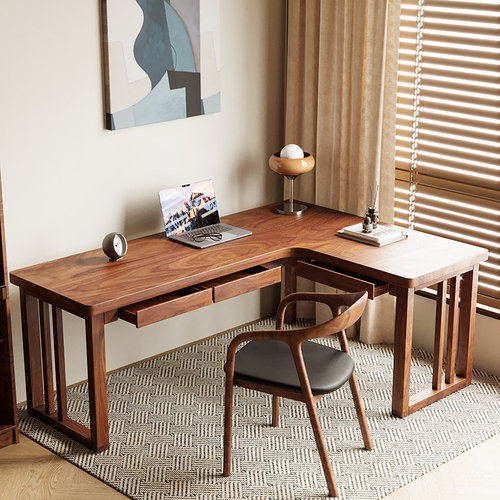 胡桃木转角书桌带抽屉简约靠墙