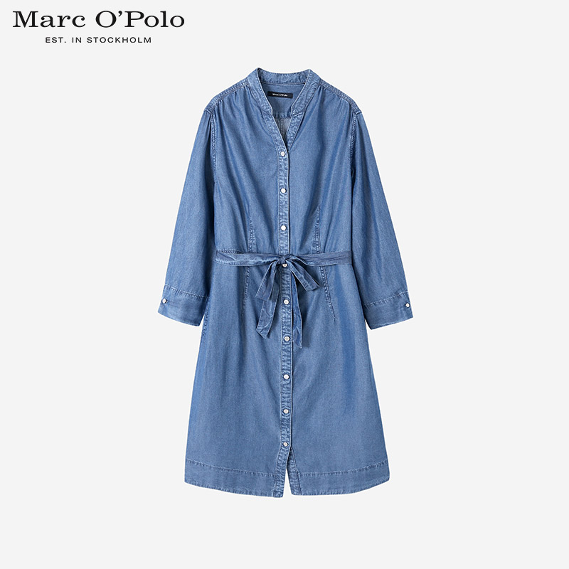 Marc O'Polo/MOP夏季莱赛尔蓝色收腰系带女士连衣裙长袖牛仔裙
