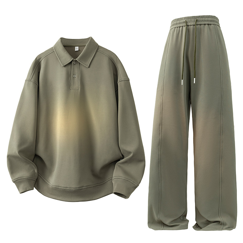 美式复古翻领POLO衫卫衣男春秋款潮牌痞帅高级感宽松休闲情侣套装