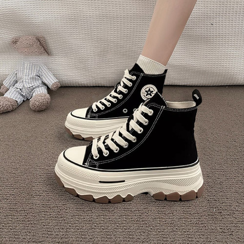 品牌高帮鞋2025年春夏季新款增高厚底波浪底百搭休闲运动帆布鞋女