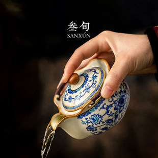 叁旬 青花缠枝莲汝窑手抓壶盖碗茶杯家用茶碗泡茶一人饮功夫茶具