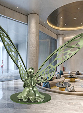 酒店会所大堂落地室内软装摆件 镜面花仙子人物雕塑 不锈钢雕塑