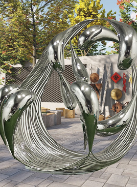 不锈钢海豚浪花雕塑 户外广场大型园林景观抽象雕塑 镜面水景雕塑