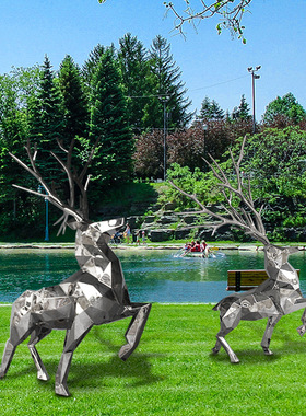 高端定制316镜面不锈钢块面鹿雕塑 广场大型抽象金属园林景观小品