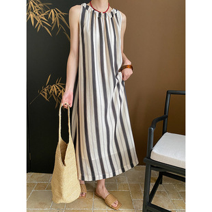 司南 老钱天丝麻 法式气质宽松显瘦麻袋竖条纹挂脖连衣裙