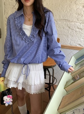 3th Morning 早秋新款 慵懒风木耳边V领绑带格纹衬衫