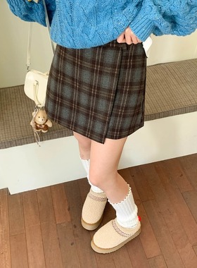 3th Morning 格兰多学院 不规则格纹高腰A字毛呢短裙