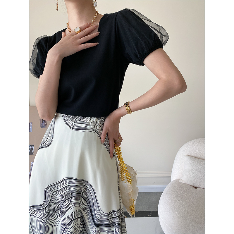 司南 法式方领网纱泡泡袖修身t恤女夏季设计感2023年新款 SN1486