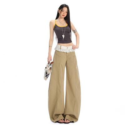 蕾丝花边拼接低腰卡其色阔腿牛仔裤女夏季新款宽松弯刀裤