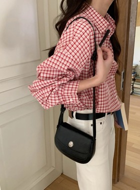 3th Morning 小镇书店 韩系红色格纹翻领宽松长袖衬衫