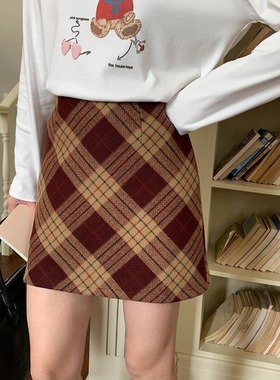 3th Morning 柏林学院 中古高腰格纹直筒A字毛呢短裙