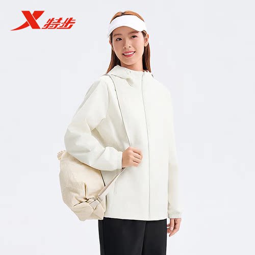 特步双层保暖风衣女2026春季新款连帽保暖梭织厚外套974128160380