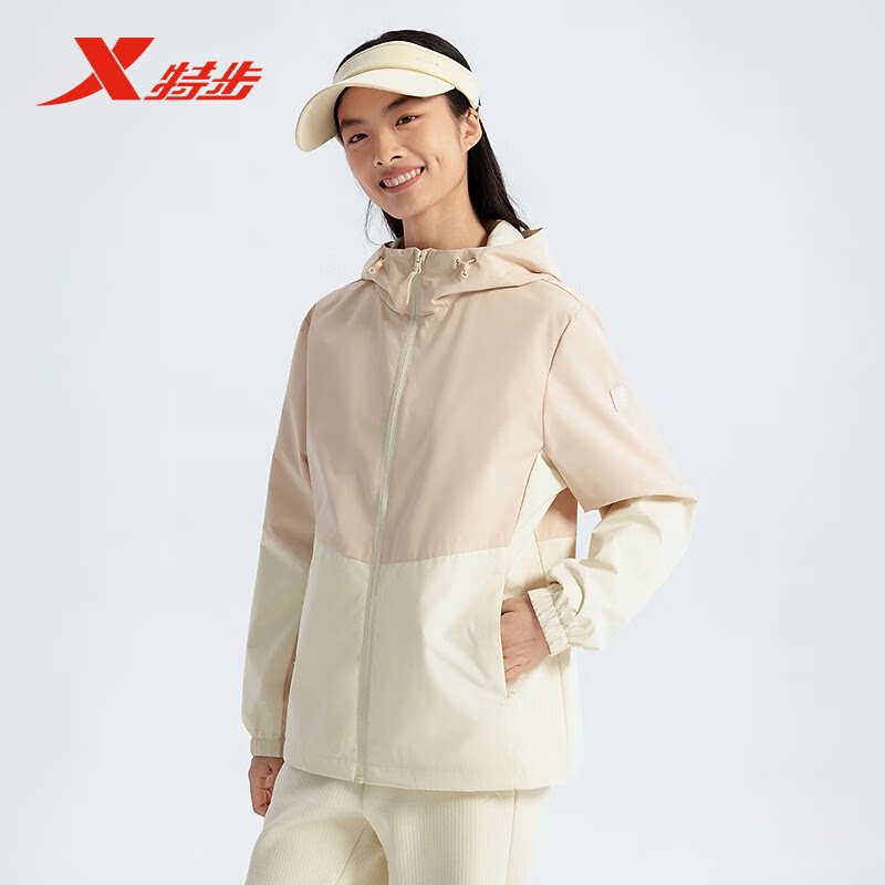 特步女连帽开衫风衣春季新款图片