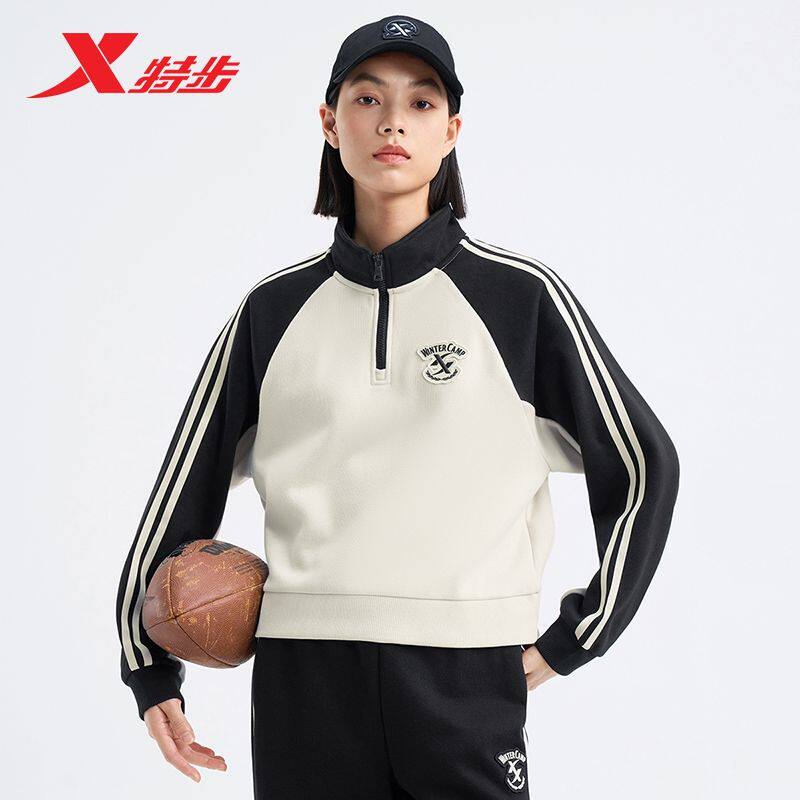 特步女款立领运动卫衣2025年秋冬图片