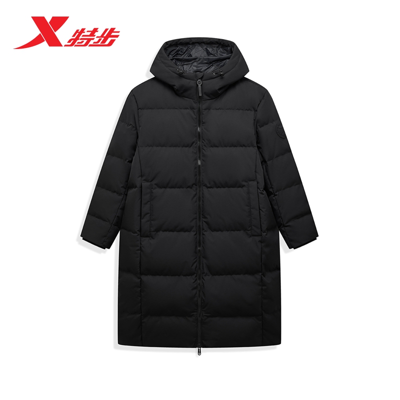 特步运动中长款连帽羽绒服男