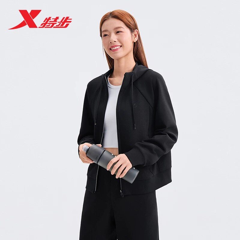 特步外套女2026年春秋新款运动服针织连帽上衣夹克女974128940002