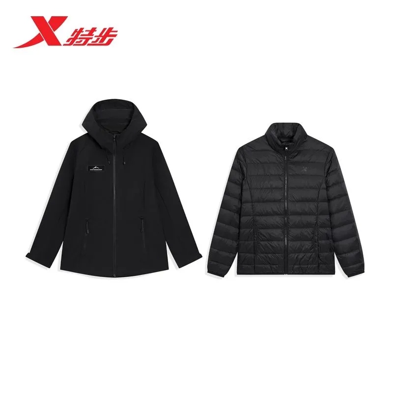 特步女连帽加厚保暖运动外套