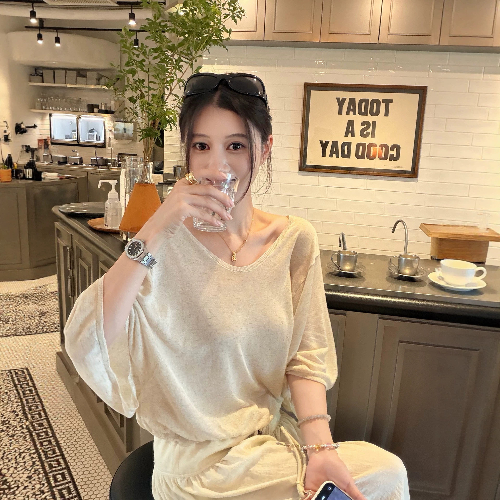 老钱风天丝亚麻醋酸中袖针织衫女夏季2026新款百搭显瘦上衣