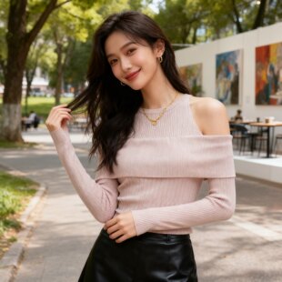 大朗毛衣工厂秋冬优雅淑女粉色圆领长袖设计感针织衫套头毛衣