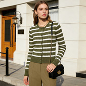 复古学院风春秋通勤 修身 大朗毛衣工厂定制撞色条纹针织开衫 短款