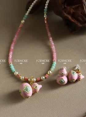 粉色葫芦福禄串珠项链耳钉复古滴油新中式高级感首饰新年毛衣链