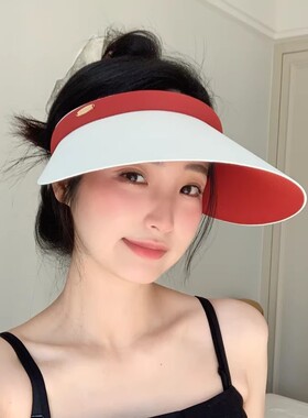 发箍式大檐空顶防晒帽女夏季户外骑车透气拼色显脸小遮阳太阳帽子