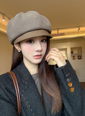 文艺复古毛呢八角帽女秋冬显脸小画家帽百搭贝雷帽报童帽