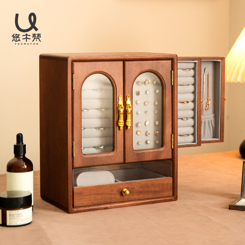 实木质复古多层首饰盒大容量高档精致首饰品收纳柜珠宝黄金存放柜