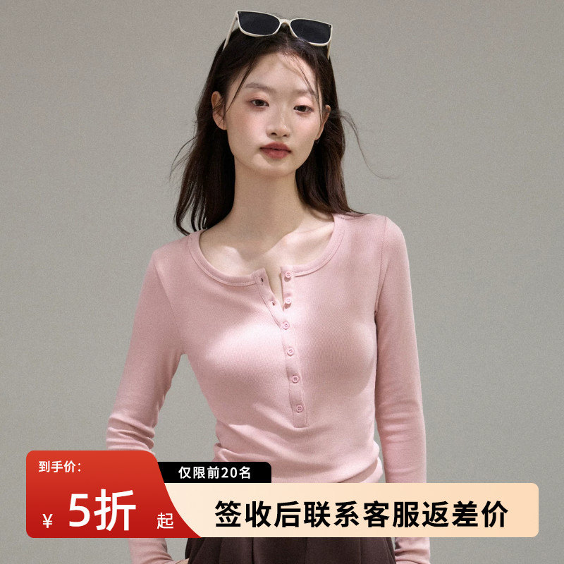 美式亨利领长袖T恤女秋冬新款