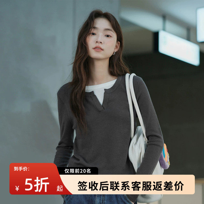 美式假两件长袖T恤女2026新款