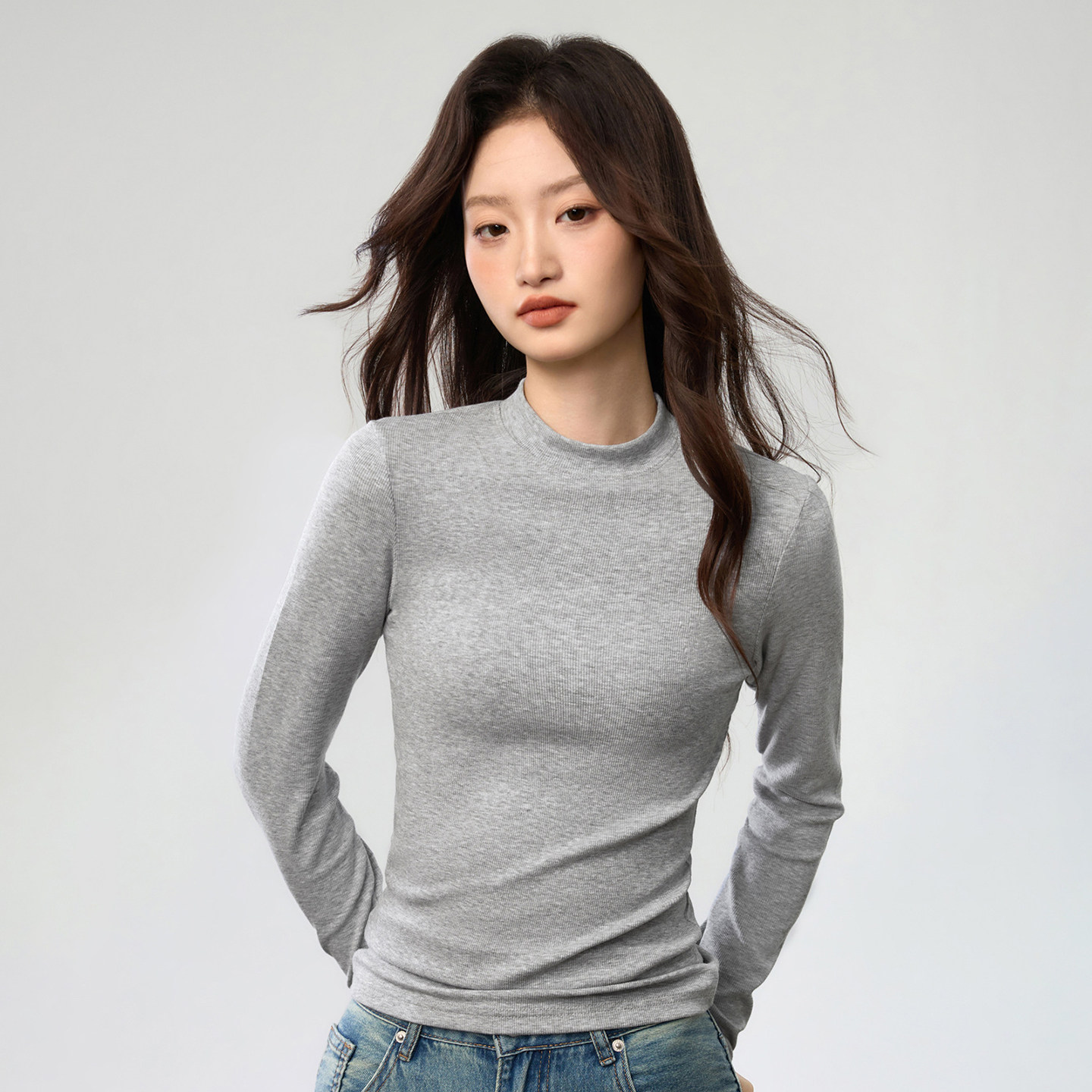 中高领螺纹长袖T恤女2026新款