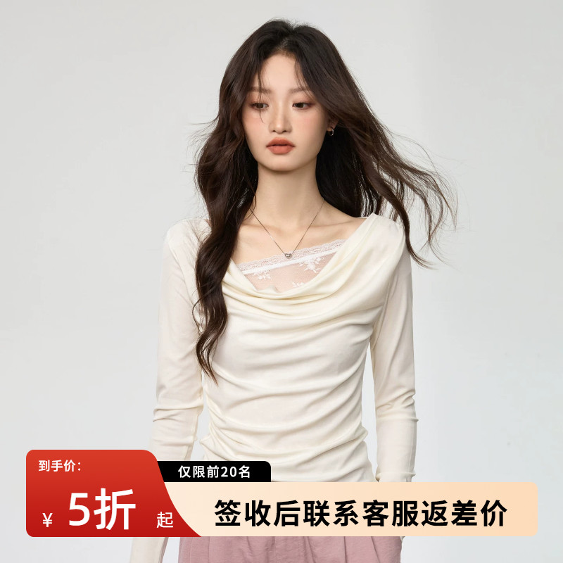 蕾丝荡领长袖t恤女2026新款