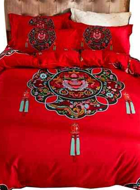 床裙结婚四件套婚庆大红色全棉纯棉新婚被Ky套高档床上用品四件i