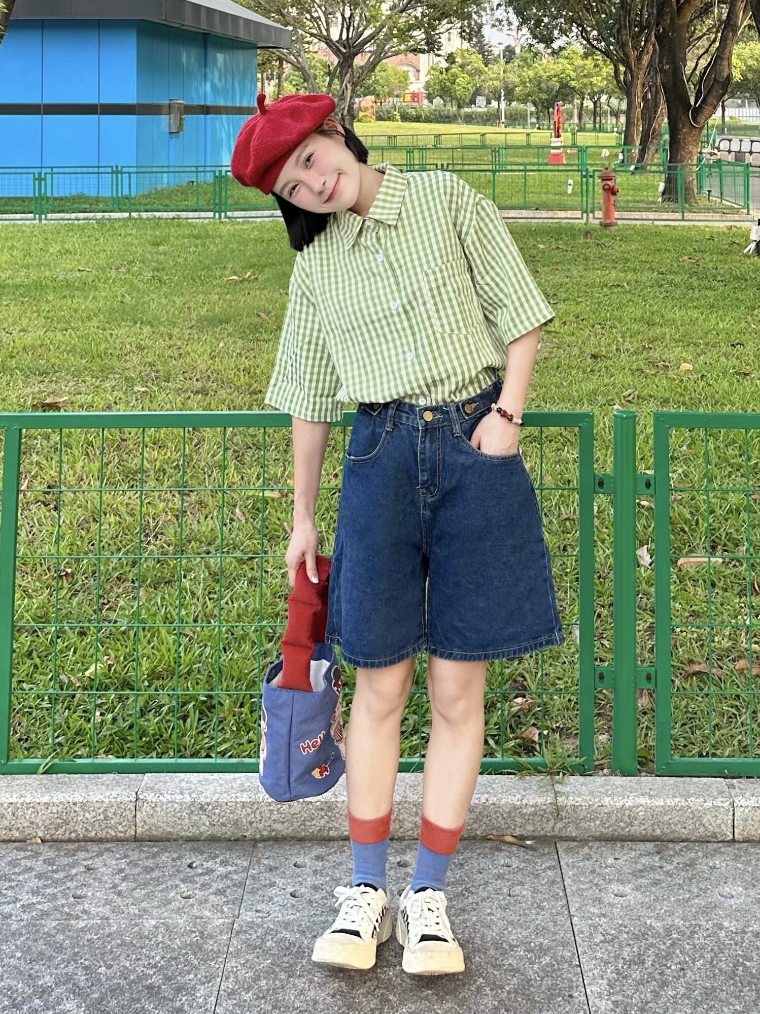 일본식 반팔 셔츠 루즈한 그린 체크무늬 탑 활용도 높은 하이웨이스트 데님 와이드 팬츠 틈새 디자인