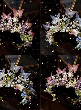 蝴蝶精灵仙子头饰少儿蓝色花环发饰女童演出礼服皇冠王冠发箍