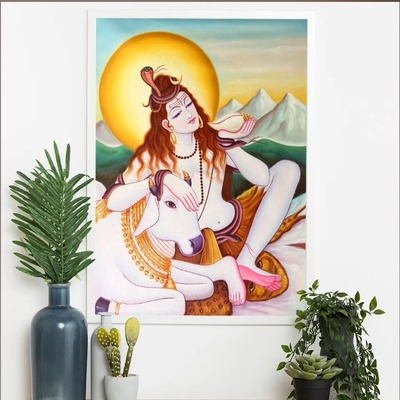 印度国际直邮凯拉什峰顶Shiva湿婆神与南迪 布面油画 91.5 x 122