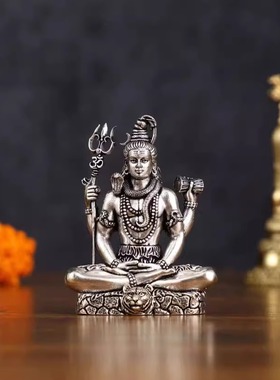 印度国际直邮黄铜细银表面Shiva湿婆神冥想像 - 3 英寸 迷你摆件