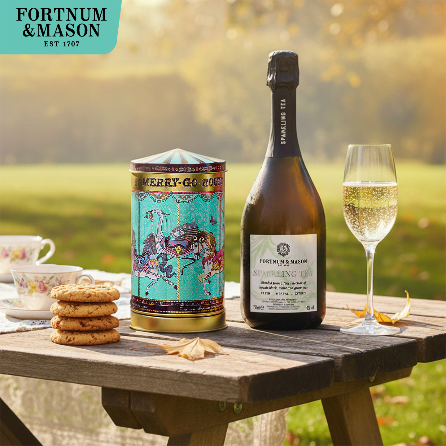 FortnumMason迷你旋转木马饼干150g/罐+无酒精气泡茶750g/瓶