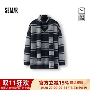 商场同款|森马毛衣女冬季中长款V领宽松条纹围巾2025时尚套头衫M