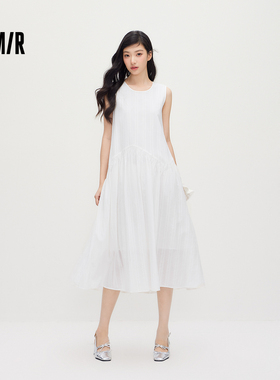 森马连衣裙女夏提花棉麻背心裙2026新款少女感度假风百搭白色长裙