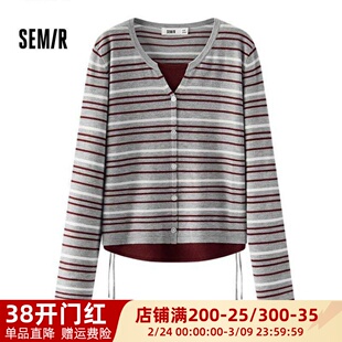 森马春季2026新款女款条纹假两件时尚百搭显瘦毛衫107126107099