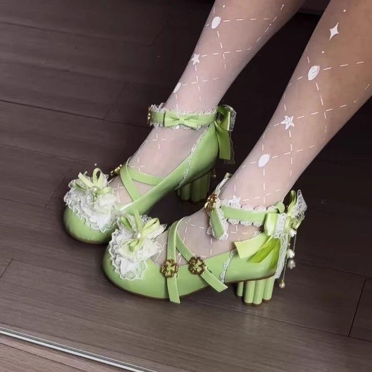 原创正版lo鞋圆头甜美中跟多巴胺蕾丝蝴蝶结洛丽塔可爱少女高跟鞋图片