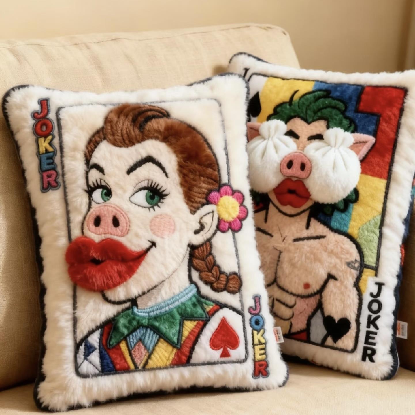 小红书爆款毛绒刺绣扑克棉花娃娃办公室靠垫抱枕送朋友闺蜜礼物