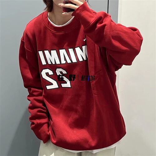 耐克Nike男女情侣车厘子酒红色加绒保暖圆领棉磨毛卫衣DN9823-608
