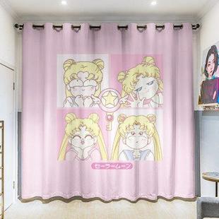 定制长帘粗麻动漫美少女战士卧室客厅挂钩学生寝室全遮光打孔窗帘