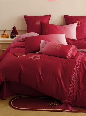 高端喜庆结婚100支长绒棉婚庆四件套柔软全棉红色双囍陪嫁纯棉2m